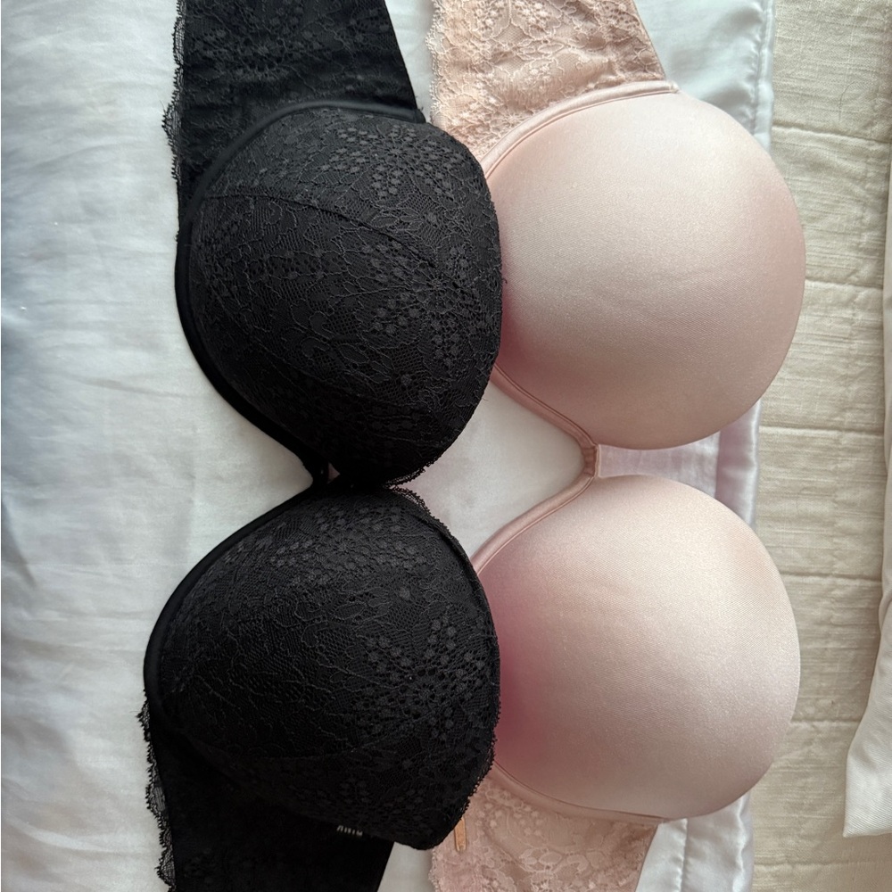 Victoria's Secret Black and Pink Lace Bra Duo- 34DD